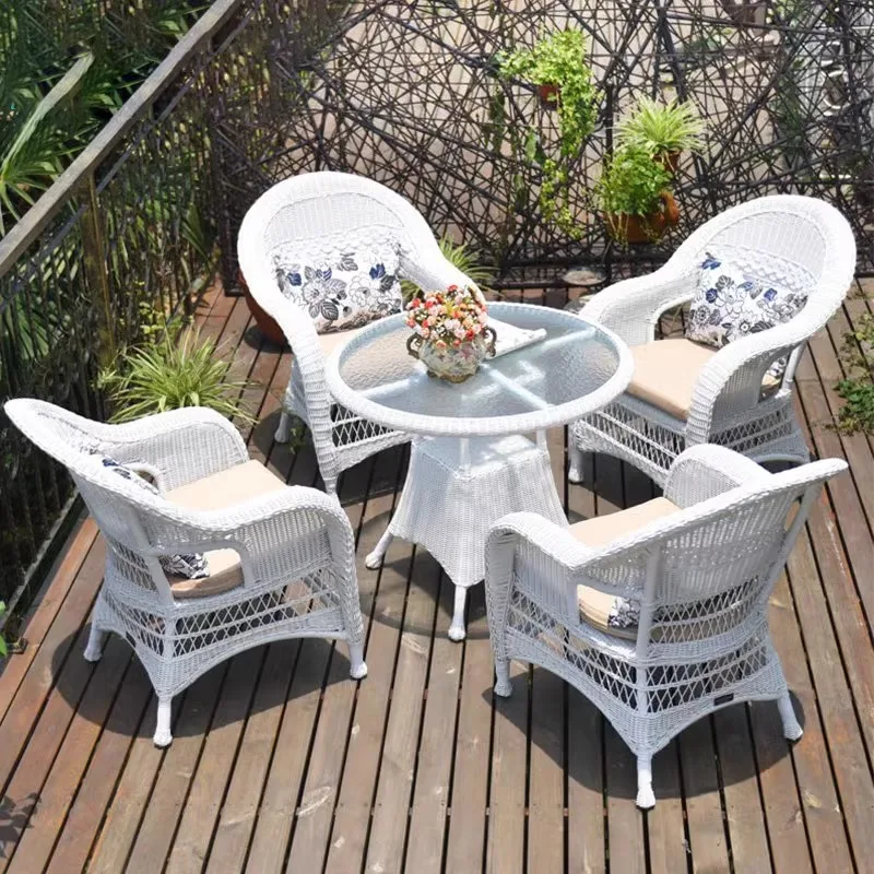 

Outdoor tables and chairs white balcony waterproof sunscreen rattan chair combination leisure terrace outdoor garden courtyard