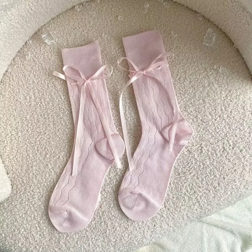 

Trendy Polyester Cotton Sweet Style Socks Solid Color Accessories Bowknot Socks Calf Socks