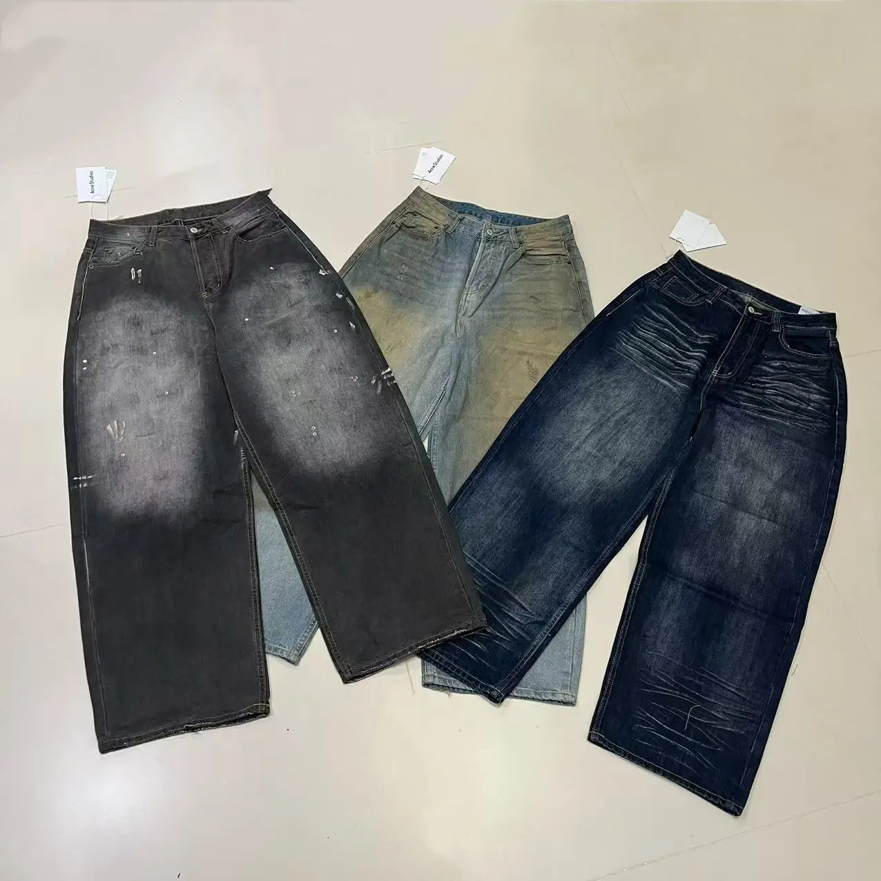 Rustic Straight Leg Jeans with Rivet Detail Patchwork Leather Bags Design  Dirt Dyed Teens Casual Comfortable Fit Jeans