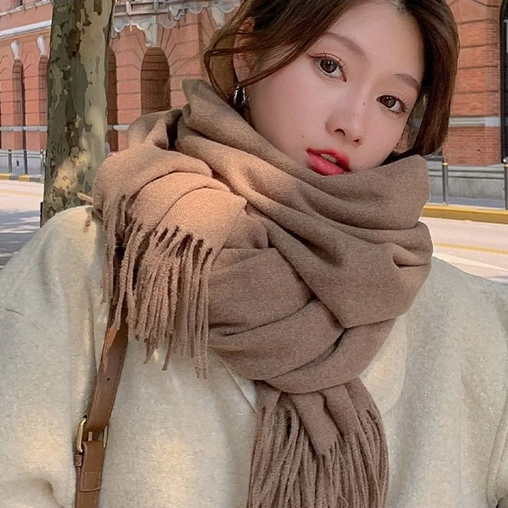

Новый однотонный шарф из искусственного кашемира с кисточками, утолщенный зимний шарф, большая ветрозащитная шаль, женские накидки