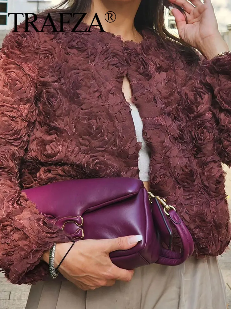 TRAFZA-abrigo liso con textura de flor 3D para mujer, cárdigan suelto de manga larga con cuello redondo, ropa de calle Vintage, prendas de vestir exteriores femeninas, Top