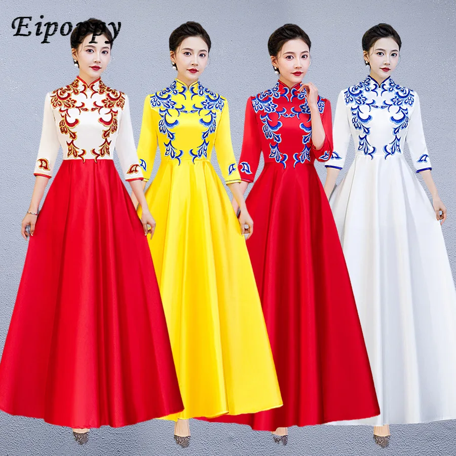 Winter Medium Long Sleeve Big Hem Blue and White Porcelain Long Ceremonial Clothing Chorus Costume Cheongsam