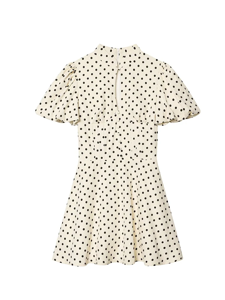 

Женское мини-платье в горошек с пышными рукавами, воротником-стойкой, на пуговицах, А-силуэта, приталенное, летнее