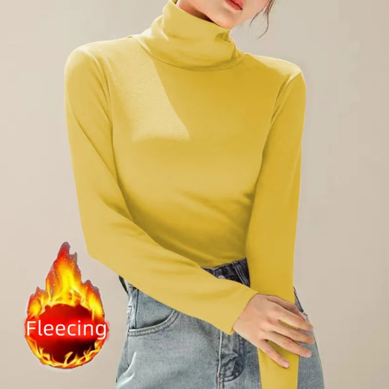 Women Shirt And Blouse Winter Fleecing Thickening Velvet Basic High Neck Warm Top Solid All-Match Sweet Elegant Casual T-Shirt