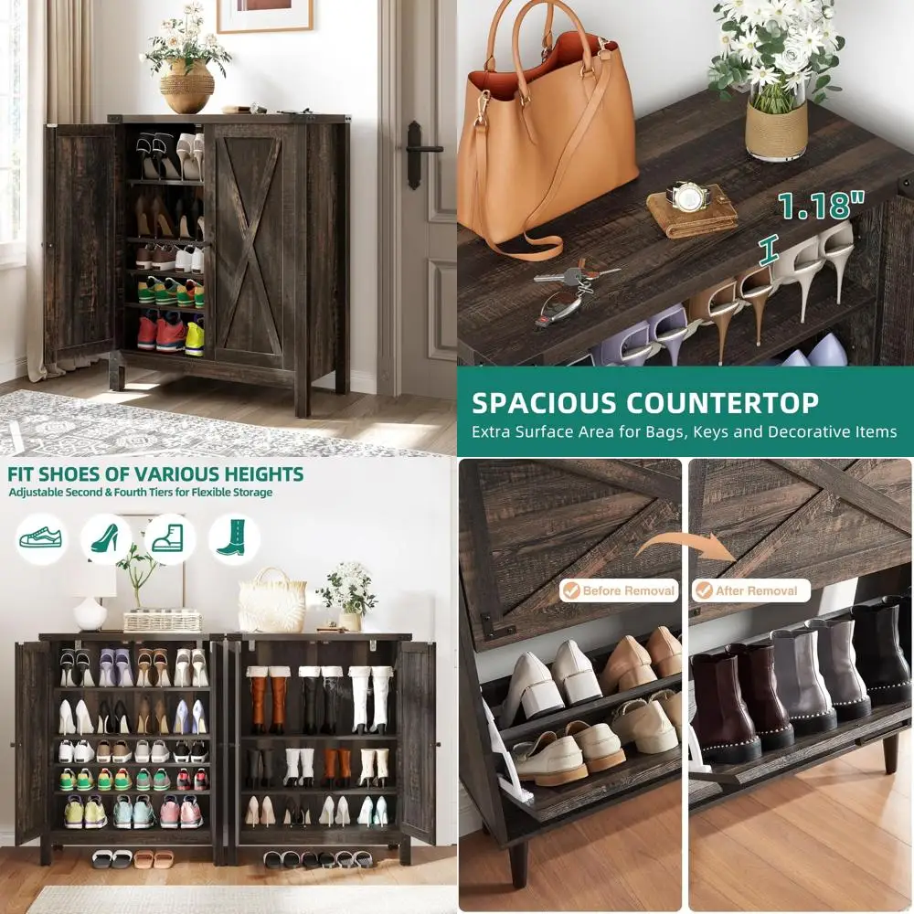 Farmhouse Style 5-Tier Wooden Shoe Cabinet for Entryway with Door, Large Capacity Shoe Storage Organizer