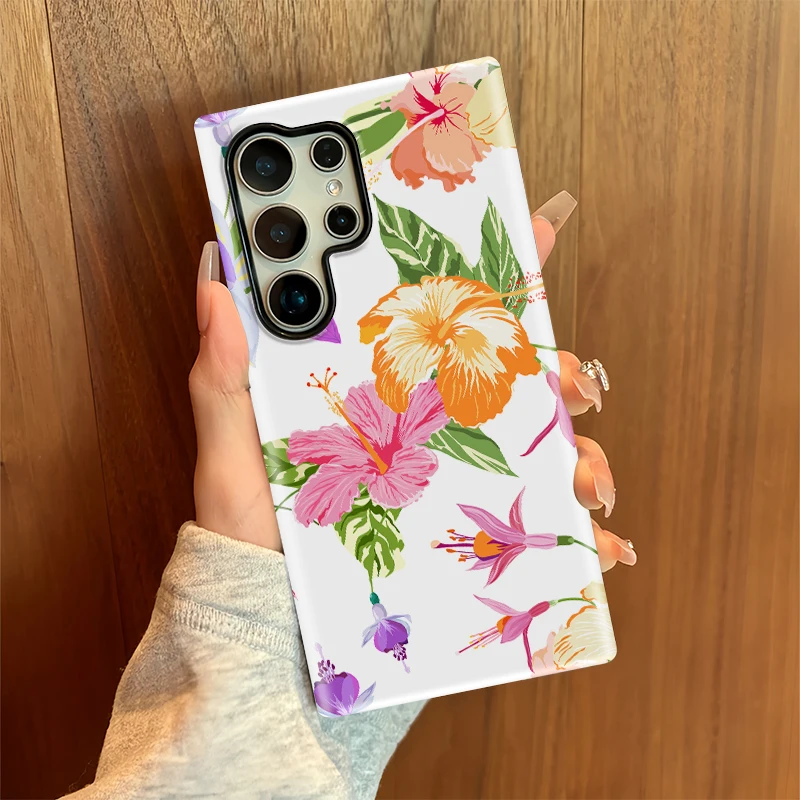 Fcicicase طبقة مزدوجة PC حافظة هاتف من البولي يوريثان لهاتف سامسونج جالاكسي A26 A56 A16 A36 S20 FE S24 Plus S25 Ultra S23 غطاء نمط زهرة