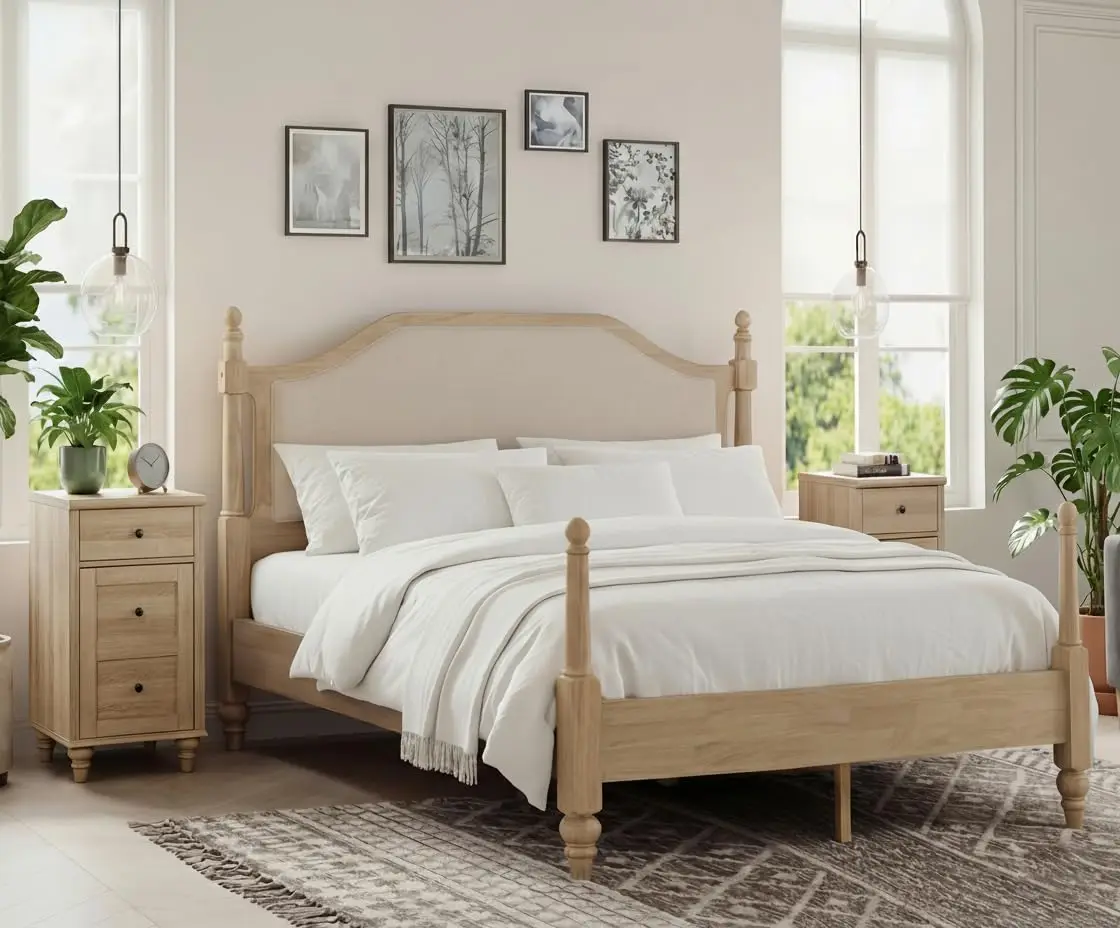 Platform Bed with Upholstered Headboard & 2 Storage Nightstands with Power Outlets & USB Ports, Oak, Customized
