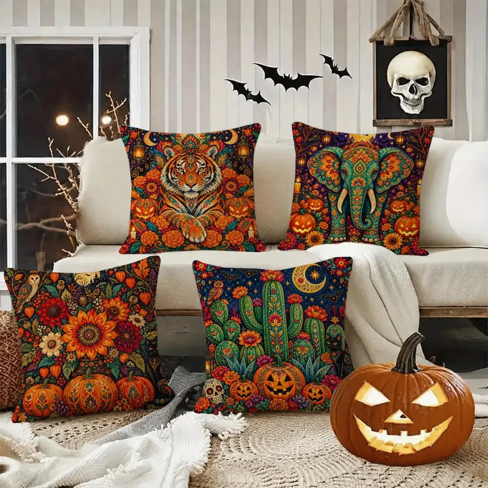 Folk Animal Halloween Gift Cushion Cover Halloween Rustic Throw Pillow Covers, Cute Ghost Pumpkin Maple Leaf Cushion Covers