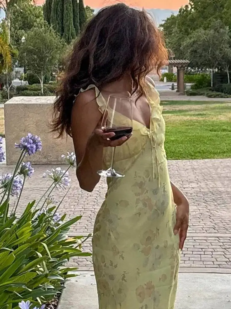 Vestido largo elegante con cuello en V y estampado de flores para mujer, vestido amarillo sin mangas con volantes y cintura alta, batas ajustadas para fiesta y vacaciones de verano 6OI5