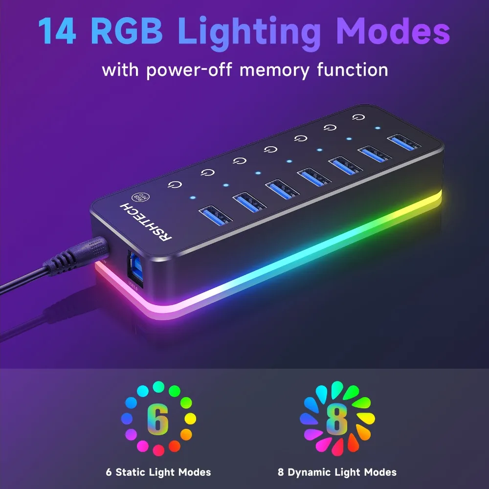 RSHTECH 5Gbps USB Hub with 14 RGB Lighting Modes 20W Power Adapter Individual Switches USB 3.0 Data Hub Splitter for Mac & PC