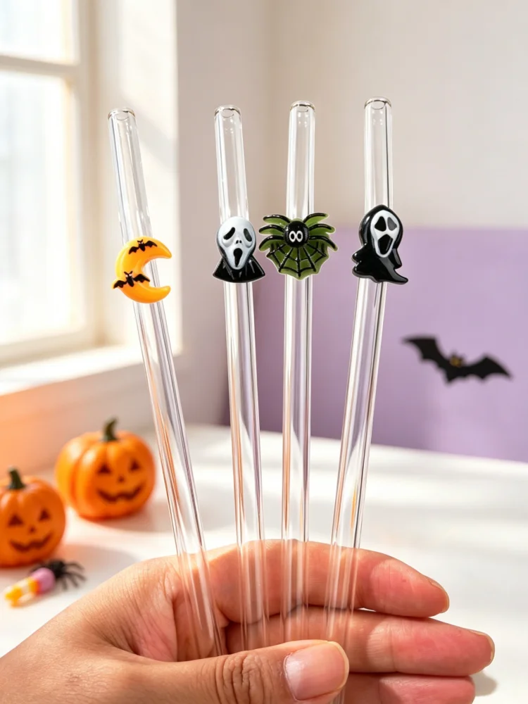 4PCS Halloween Glass Straw with Spider Moon Ghost Decor, Spooky Table Ornament for Hot Cold Drinks & Parties