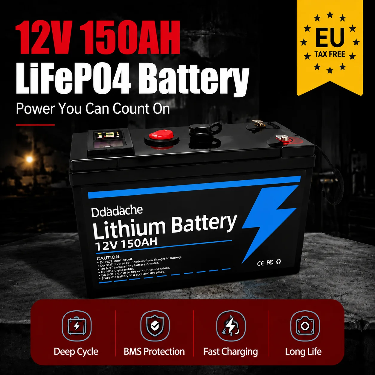 Image of 12V 150Ah Lithium-Eisenphosphat-Akku mit hoher Zyklenfestigkeit, über 4000 Zyklen haltbarer wiederaufladbarer Akku, vielseitig einsetzbar für Beleuchtung, Power Wheels, Solar- und Windkraftanlagen,