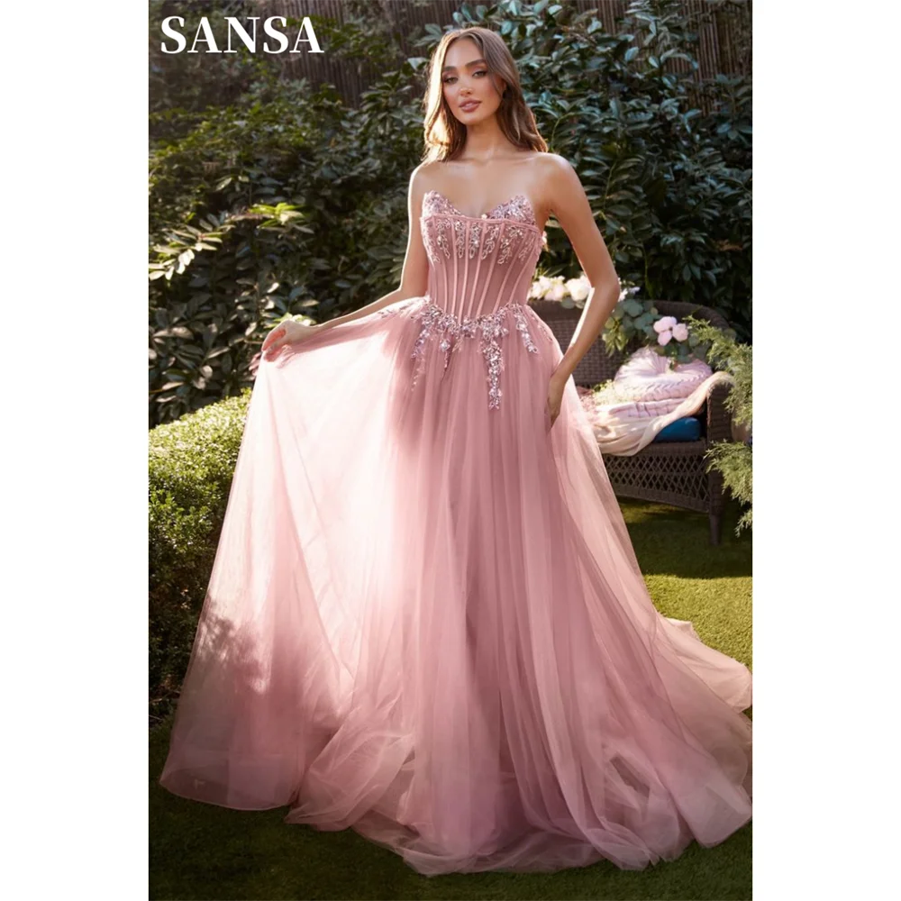 

Sansa Soft Pink Lace Top Tulle Prom Dress Heart Shaped Neck Sleeveless Vestidos De Noche Sexy Backless A-line Wedding Dress 2024