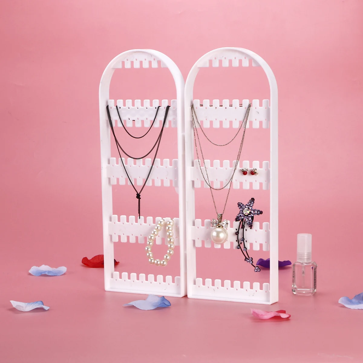 

Foldable Jewelry Display Stand 120-Hole Organizer For Necklaces Bracelets Rings Earring Storage Rack White Space-Saving Desktop