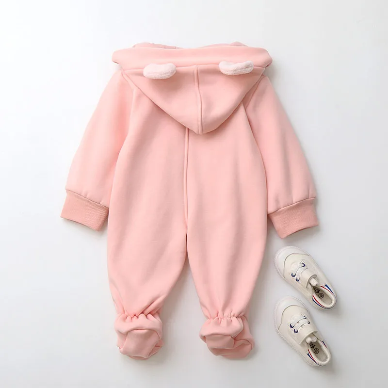 2025 Infant Baby Solid Romper Newborn Cute Bear bodysuit Cotton Fleece Hooded Jumpsuit Warm clothing For boys girls 0-24M
