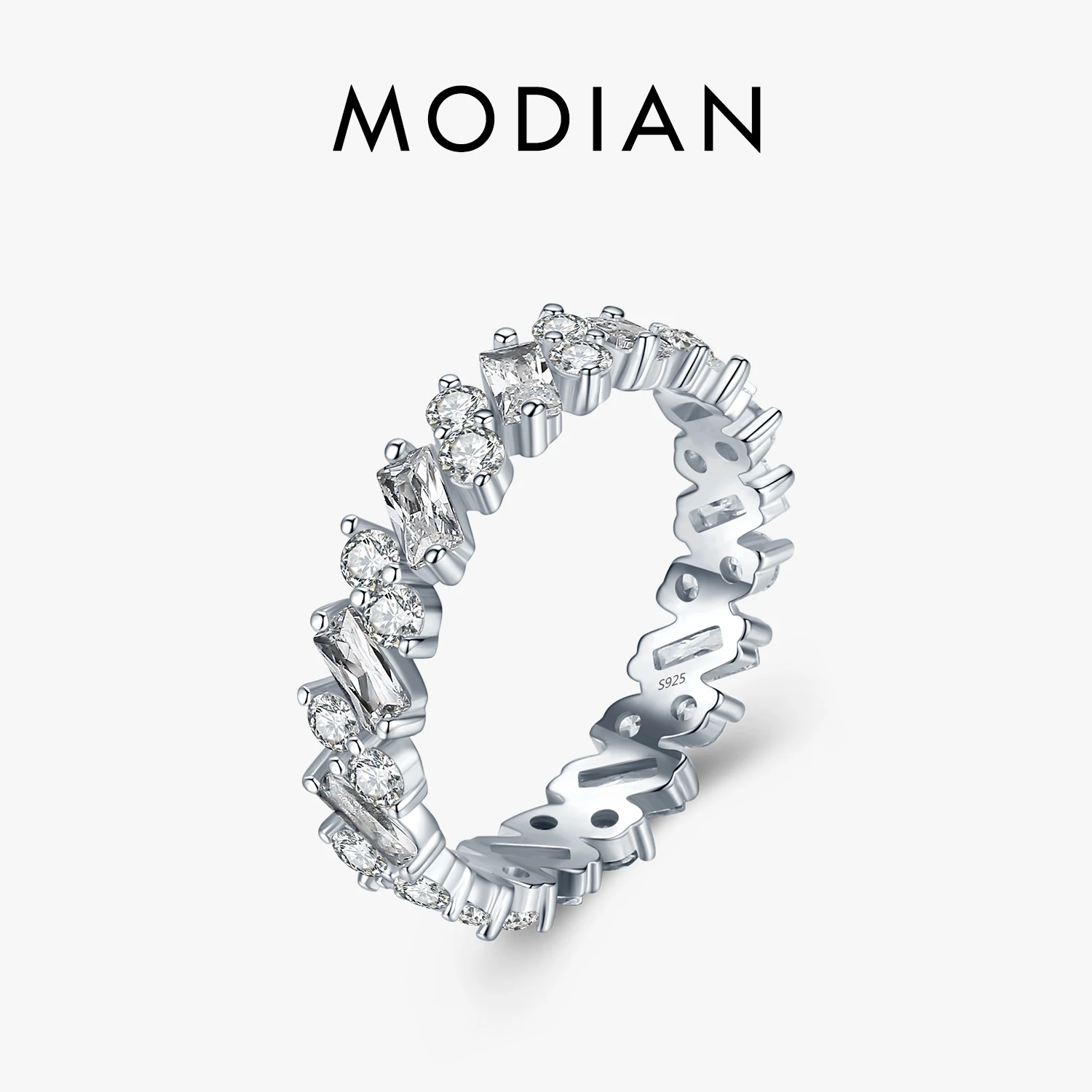 MODIAN 925 Sterling Silver Klasyczne luksusowe imitowane diamentowe paski wieczności pierścionki dla kobiet ślubne ozdobne zespół szlachetna biżuteria