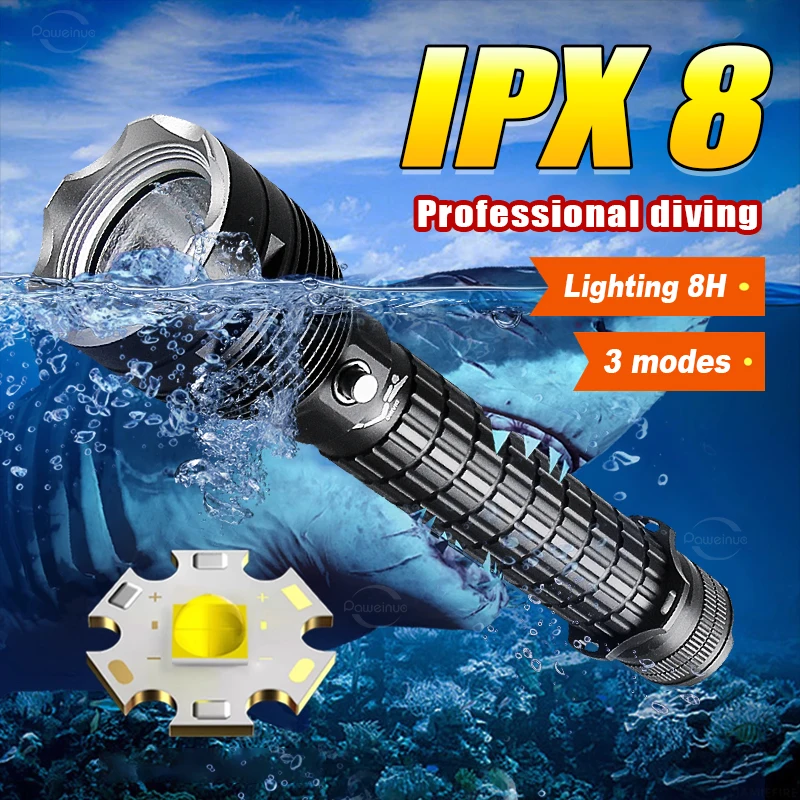 New Professional Diving Flashlight Super Bright Rechargeable Dive Handlamp IPX8 Waterproof Diving Flashlight for crew fishing