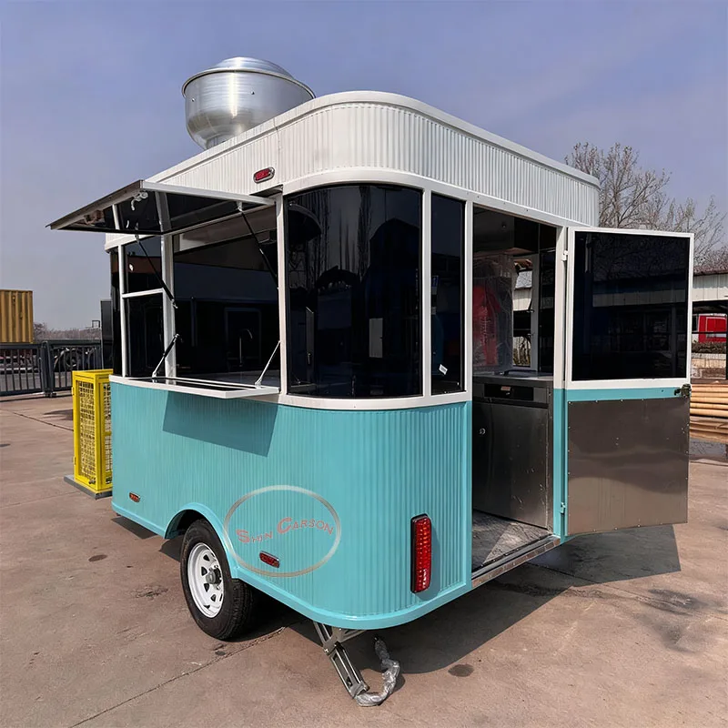 مقطورة طعام خارجية، جسم رئيسي، أزرق وأبيض، تصميم خارجي على الطراز الأمريكي القديم، حامل مطبخ متنقل