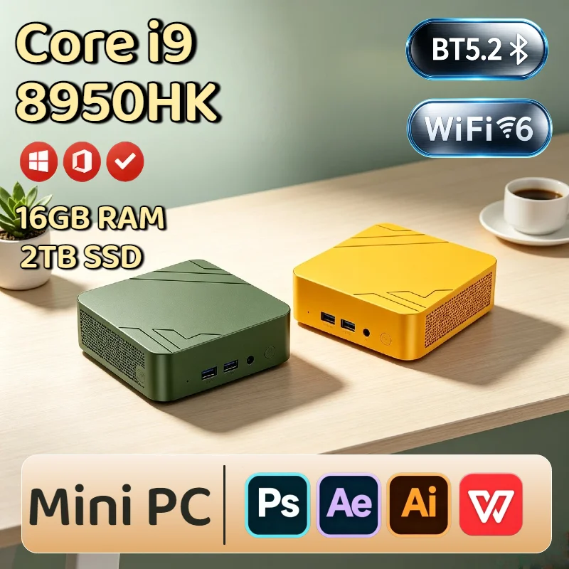 Intel i9 8950HK Mini Desktop PC 16GB DDR4 2TB NVMe SSD Triple 4K WiFi6 High Performance Small Computer Office Home Pro Ultra