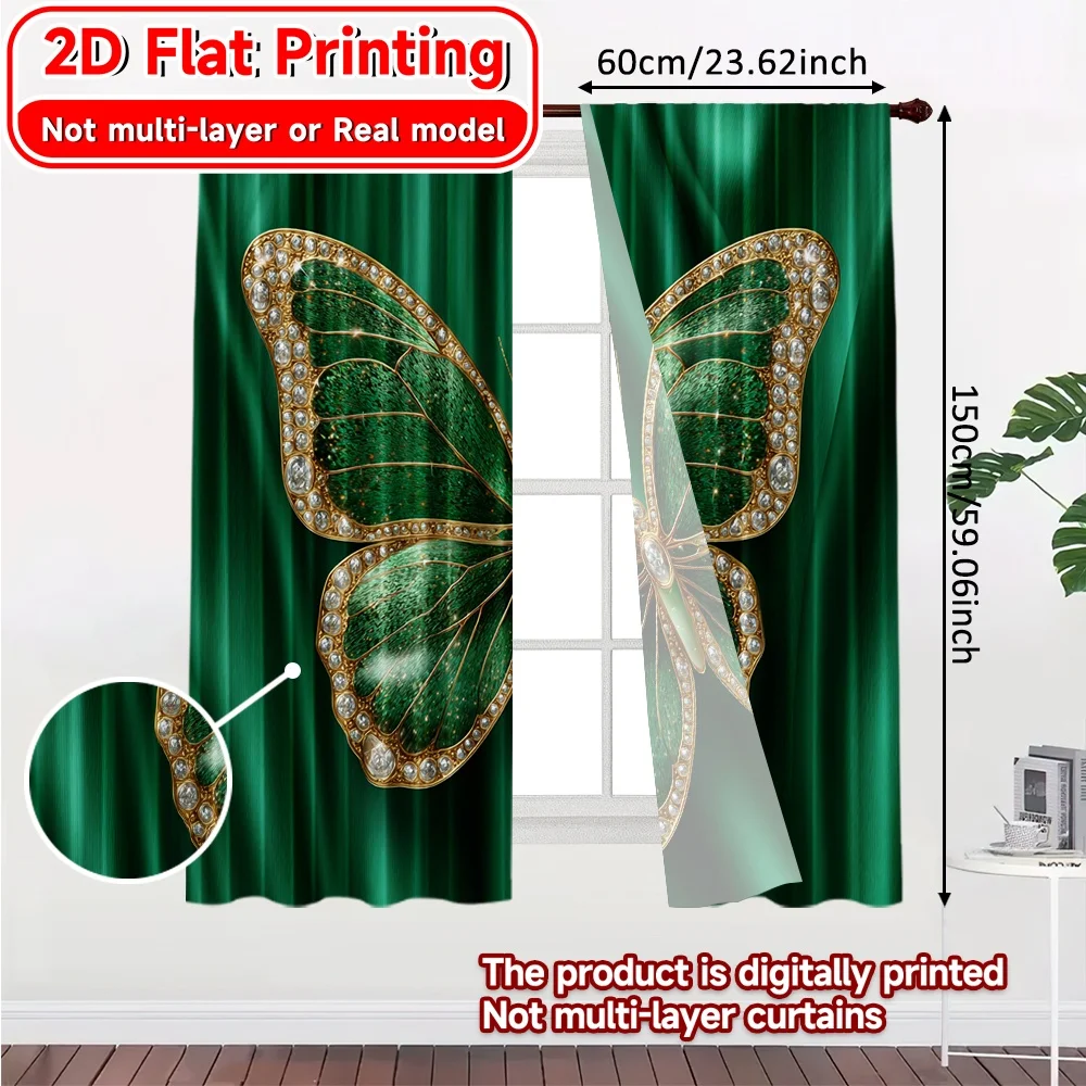 2D Flat Printing,2pcs Emerald Butterfly Popular Curtains Polyester Curtains Festive Decorative for Semi-transparent Curtains,