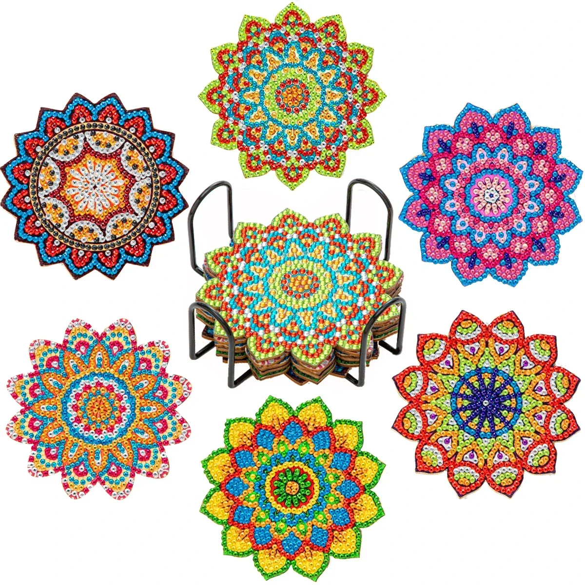 6Pcs Goblin Mandala DIY Diamond Painting Coaster Rhinestones Embroidery Coaster Cup Cushion with Rack Table Placemat Cup Mat Pad