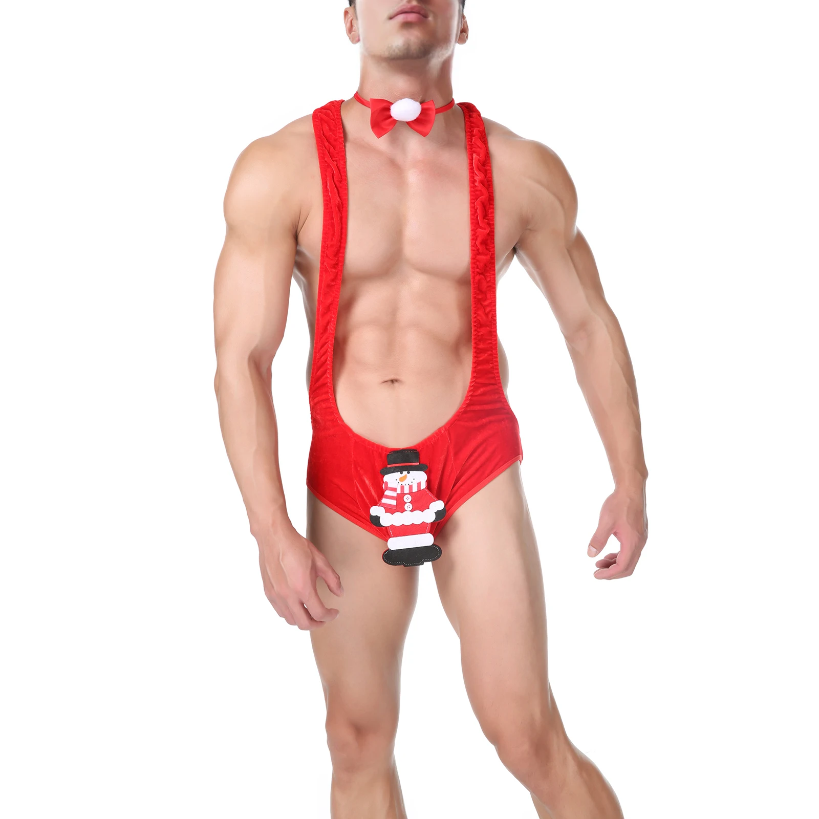 CLEVER-MENMODE Mens Sexy Christmas Lingerie One-piece Underwear Bodysuit Mankini Santa Claus Cosplay Erotic Bowtie Penis Pouch