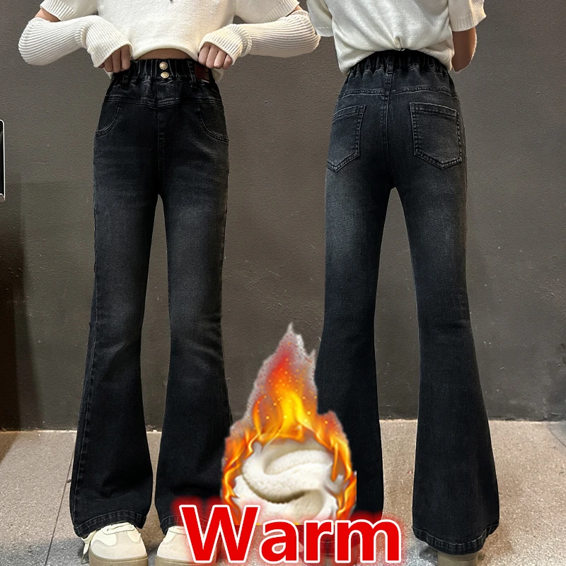 

Kids Winter Slim Fit Bootcut Flannel Lined Jeans for Girls Elegant Insulated Flared Denim Pants Children Warm Thermal Trousers