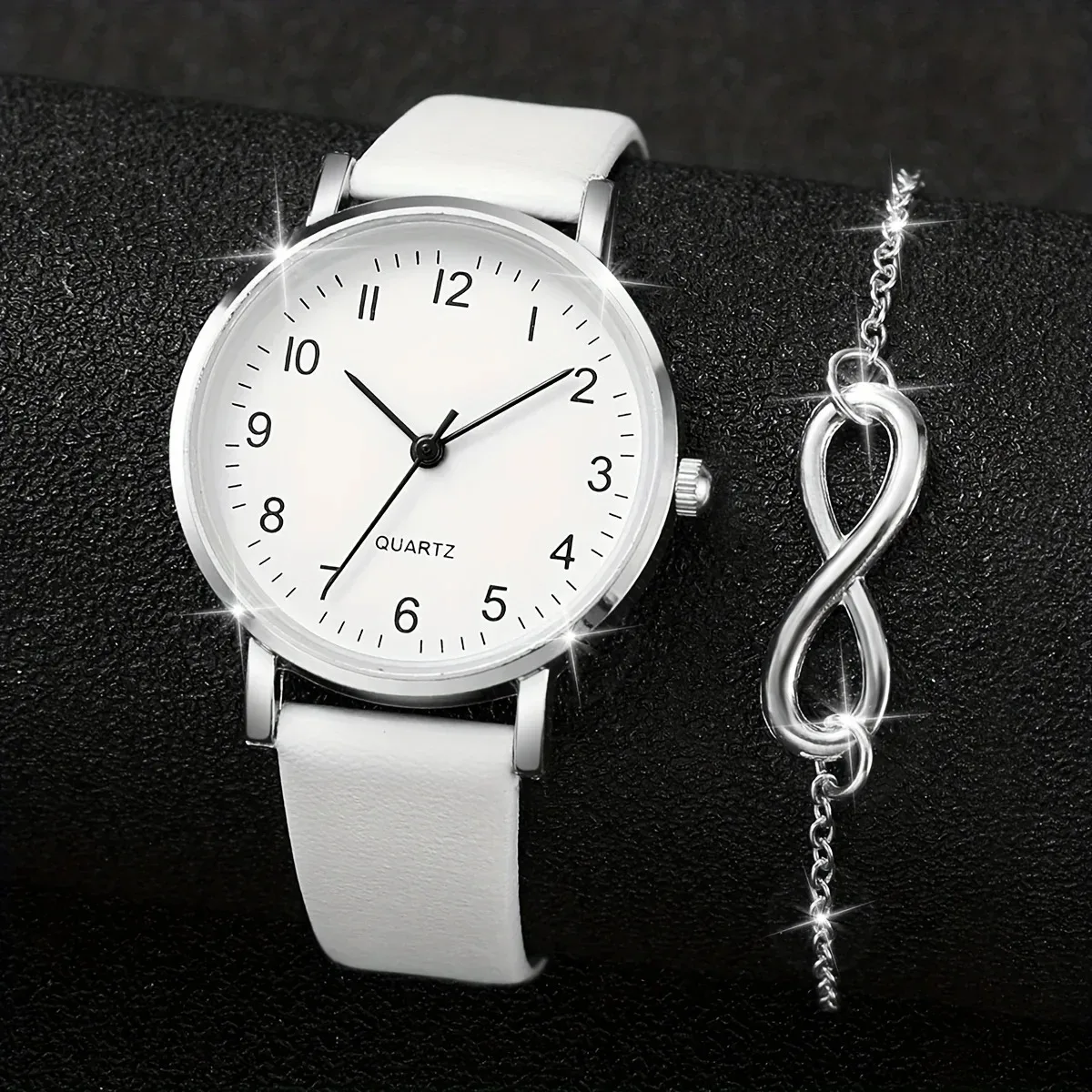 2pcs/set Casual Fashion Quartz Watch Analog PU Leather Wrist Watch & Bracelet, Gifts For Women Her