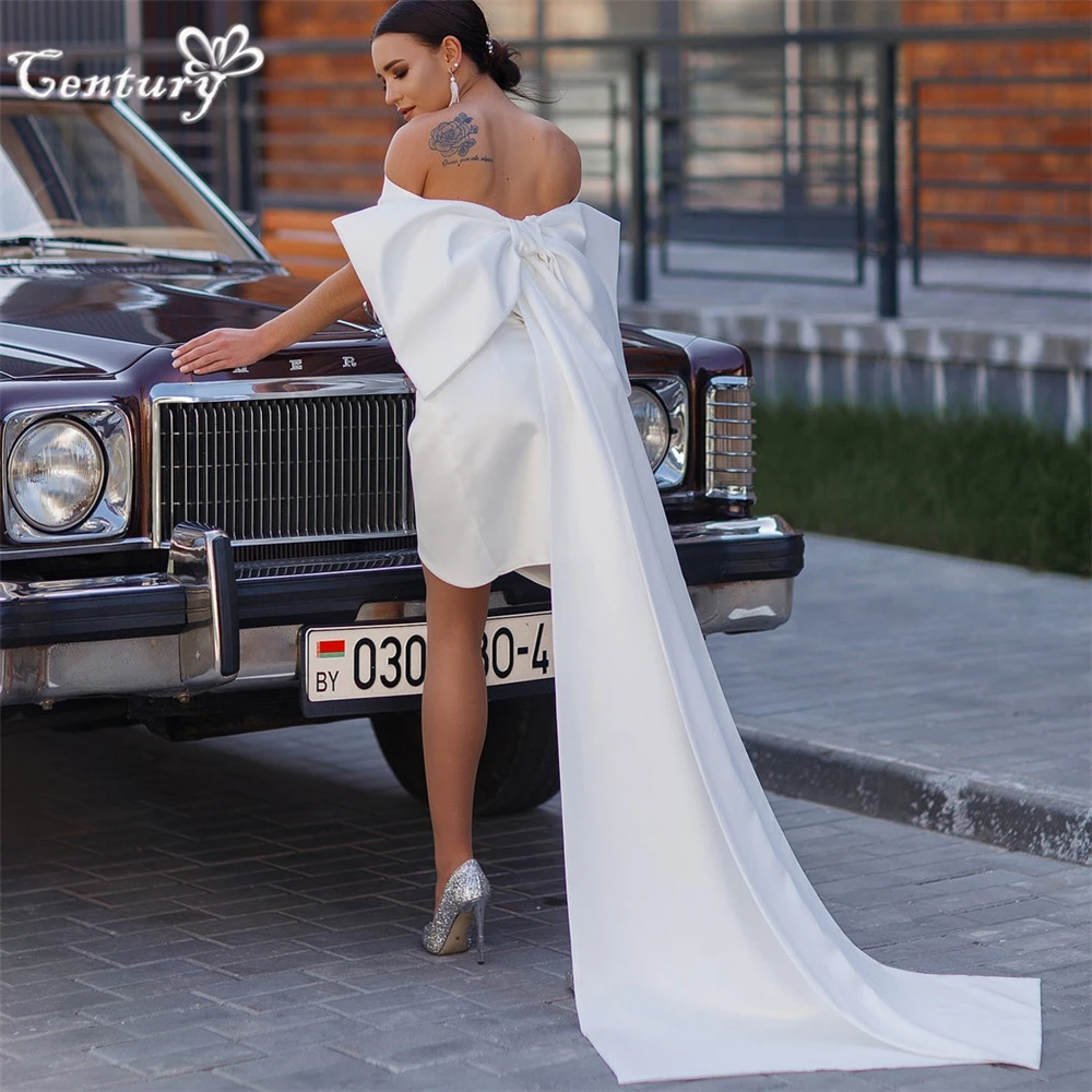 

Short Wedding Dress with Big Bow Train Pleats Off Shoulder Sheath Above Knee Mini Bride Dress Bridal Gowns Robe de Mariee