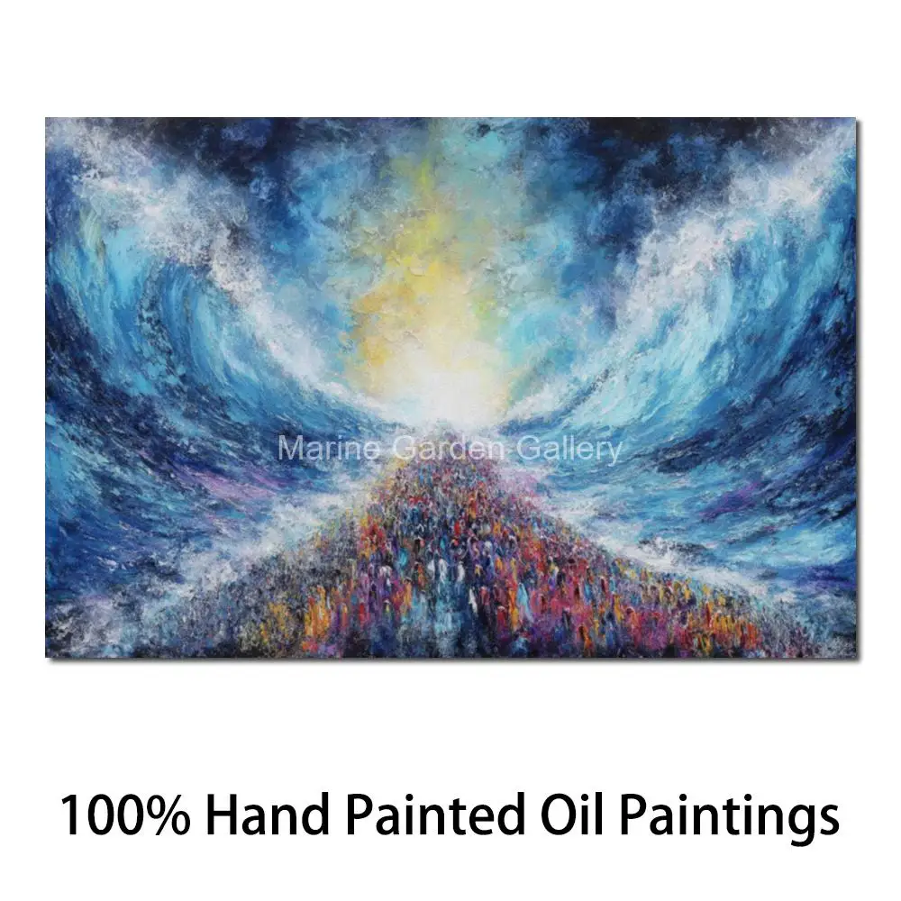 Textured Judaic Oil Painting Hand-Painted Crossing the Red Sea Exodus Scene Canvas Art Large Abstract Wall Decor for Living Room