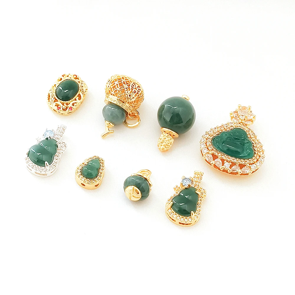 Brass Coated Gold Zircon Inlaid Jadeite Pumpkin and Gourd Pendant DIY Jewelry Making Necklace, Bracelet, Clothing Accessory
