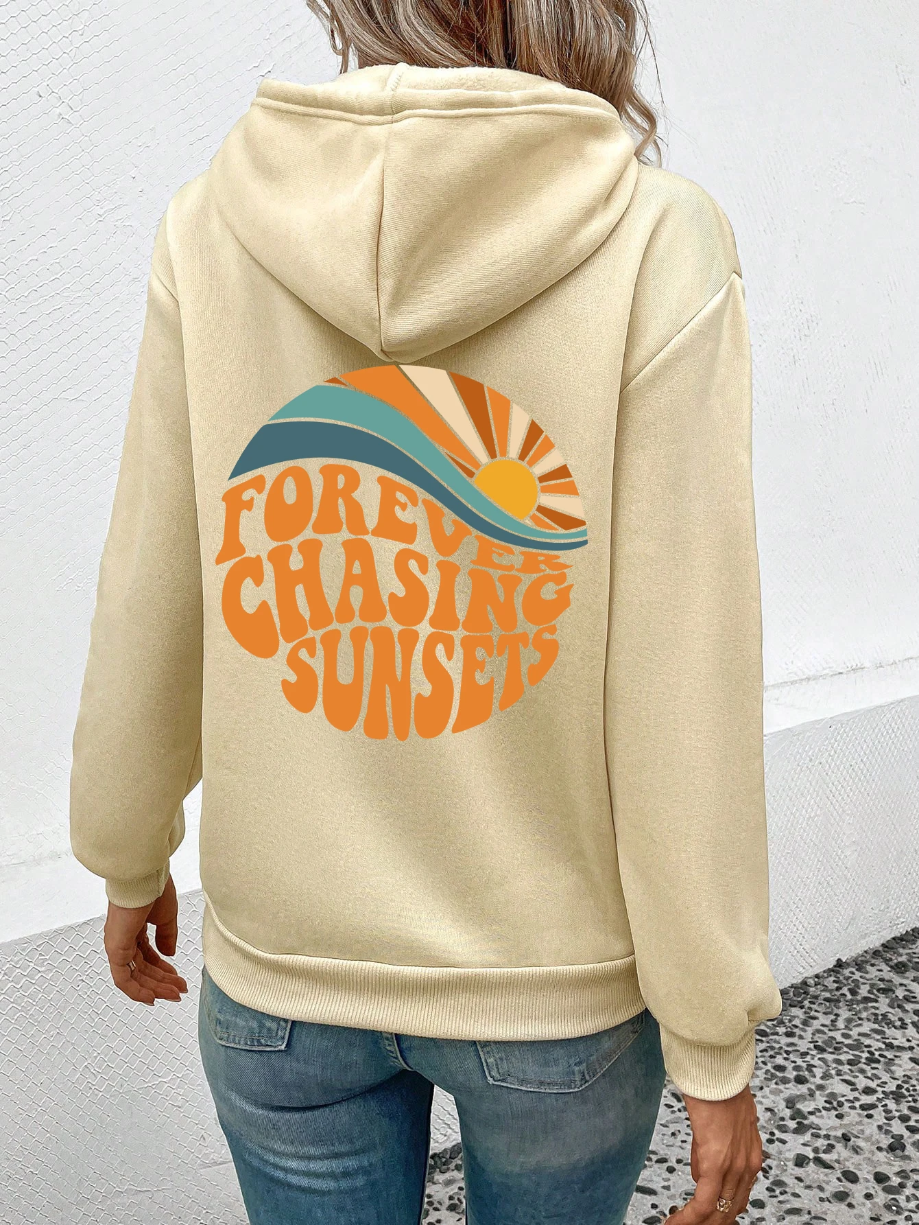 Forever Chasing Sunsets Pattern Printing Womens Hoodie Long Sleeves Pocket Sweatshirts Warm Pullover Fashion Casual Clothes