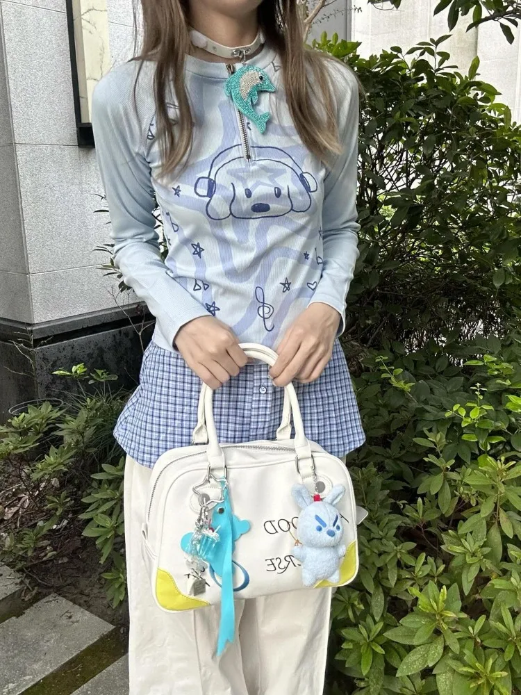 Kimotimo 子犬プリント Y2k Tシャツ女性 2025 春偽二枚ジッパー原宿トップスグランジ美的長袖カジュアル Tシャツ