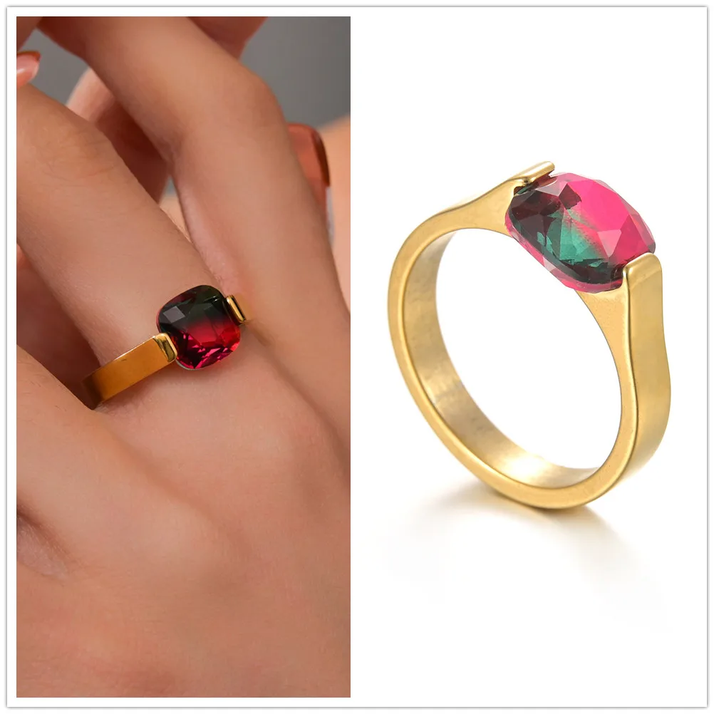 Tendy Geometric Tourmaline Colorful Square Stone Rings Stainless Steel Charm Rings Fashion Women Jewelry Accessories