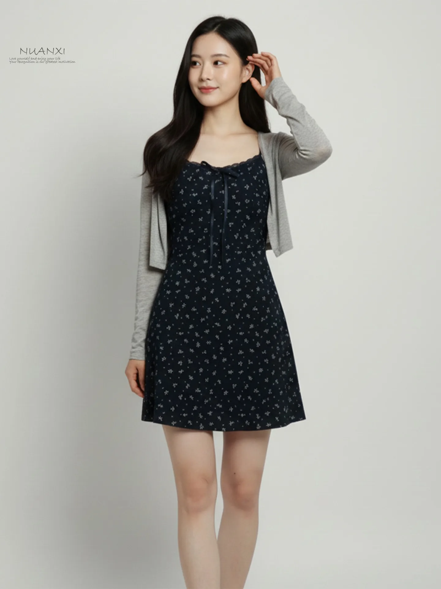 

Комплект Nuanxi 2026: Элегантный женский костюм-двойка с цветочным принтом (платье-комбинация и кардиган) для миниатюрных женщин, с длинными рукавами