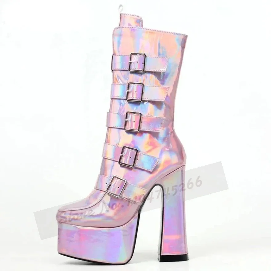

Relfective Shiny Patent Leather Chunky Heel Mid-Calf Boots Pink Silver Hologram Iridescent Platform Booties Belt Buckle Strap