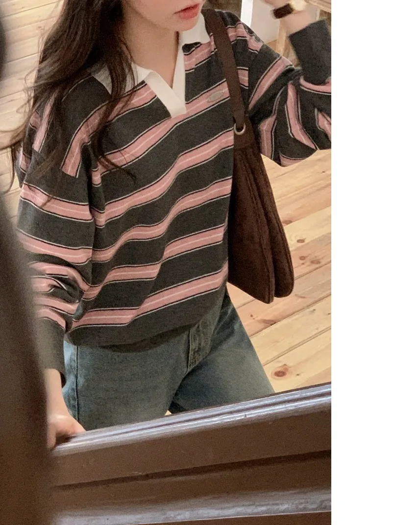 

Loose Korean Sle Women's Long Sve Ne Knitted T-irt Striped Color Blo Lazy Sle Sweater Versatile Trendy Top