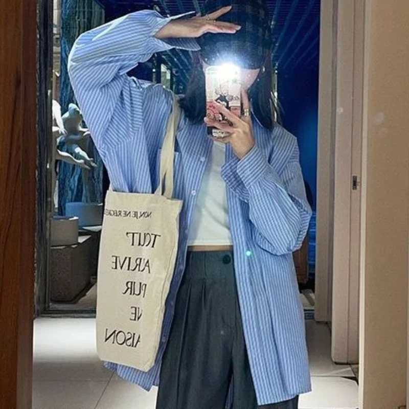 

Striped Shirts Women Unisex Casual Lazy Style Simple Spring New Ulzzang Baggy Popular Turn-down Collar Streetwear Personality