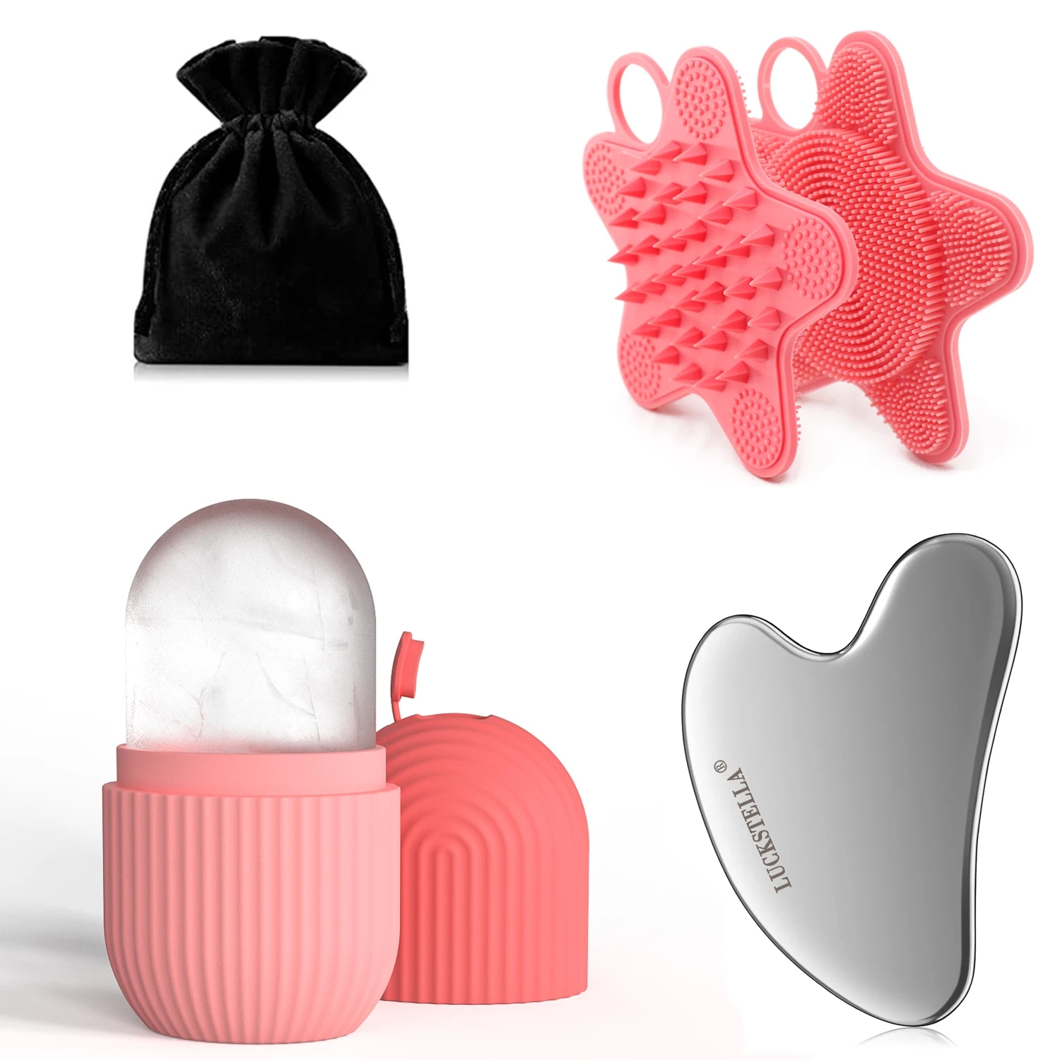 

LUCKSTELLA 4Pcs Skin Care set Ice Face Roller & Stainless Steel Gua Sha Board & Silicone Shower Brush Face Massage Roller