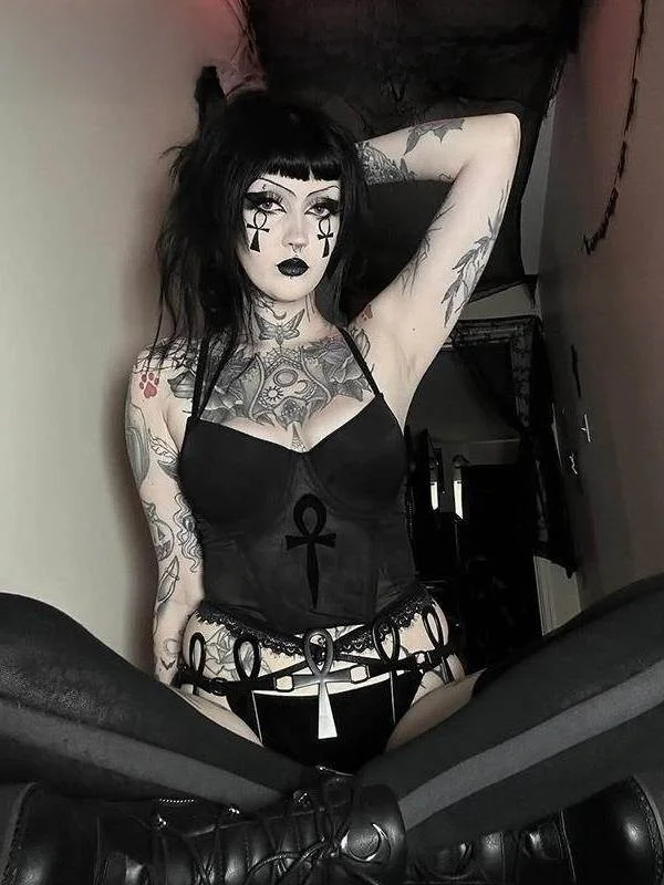 

k Sle loween Cross Print Tank Top Spicy Girl Strap Vest Sexy Lady Hollow out Bal Summer Casual Faion Top