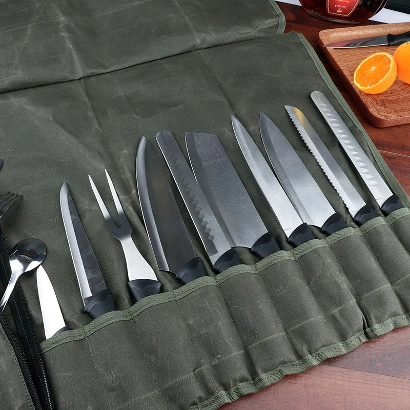 Oil Wax Canvas Chef Bag Foldable Portable Large Capacity Scratch Resistant Kitchenware Storage Bag Kitchen Knife Chef Toolkit