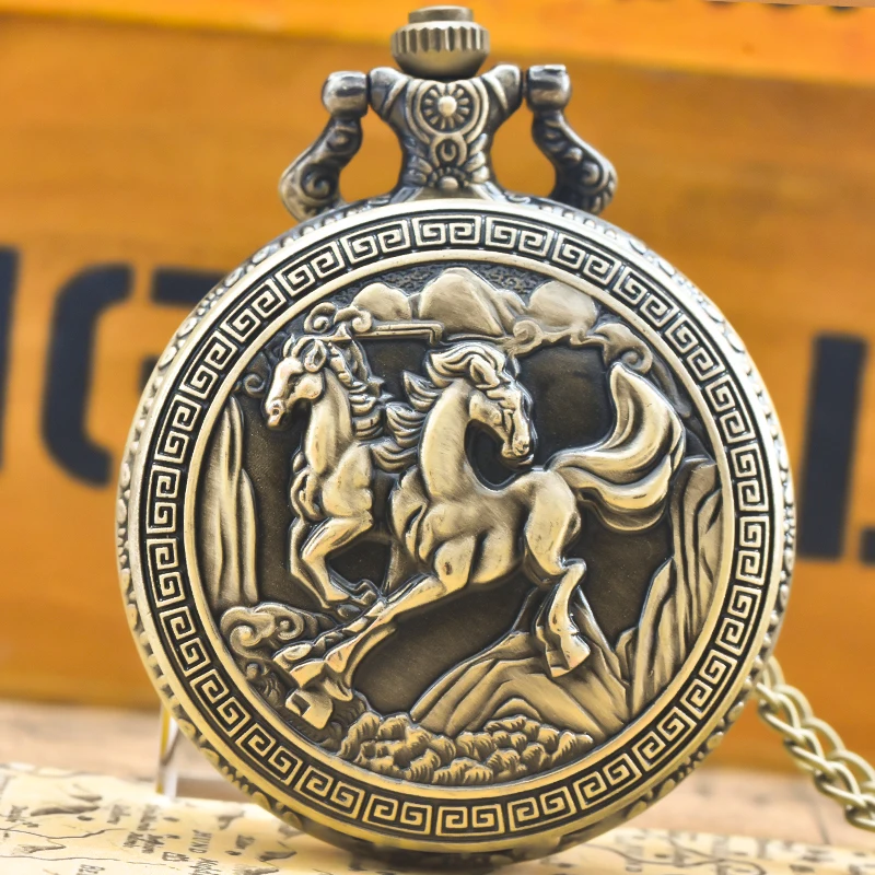 Steampunk Vintage Bronze Animal Horse Quartz Pocket Watch Necklace Pendant Clock Chain Men Women Chain Gift