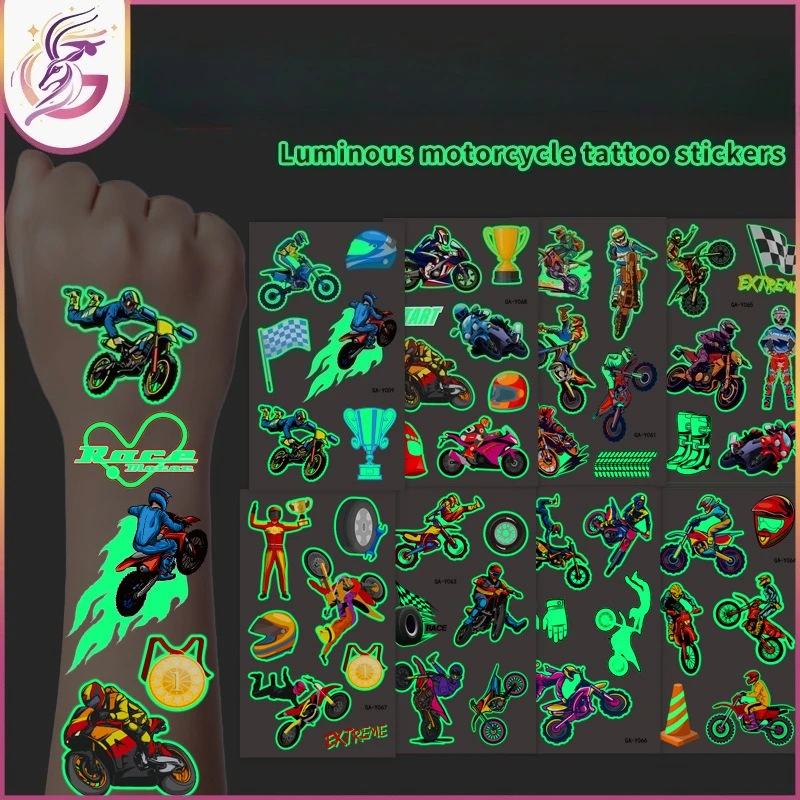 Glowing Motorcycle Temporary Tattoos Realistic Leaping Motorbike Designs Waterproof Sweat Proof for Boys Kids Adventure Party