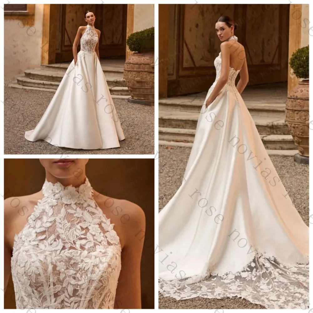 Customized Sparkly Halter Wedding Dress 2026 Sleeveless Bareback Lace Applique A Line Satin Bridal Dress Vestido De Novia