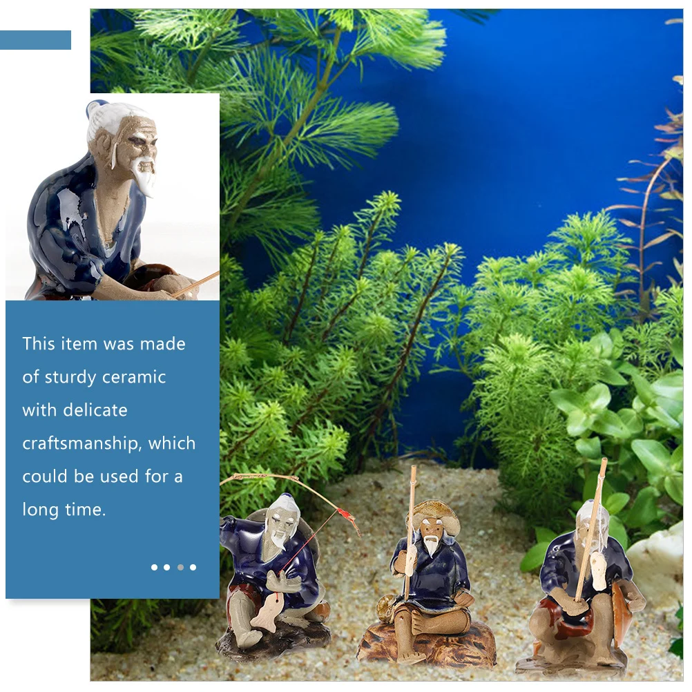 

2 Pcs Ornament Ceramic Fisherman Chinese Figurine Statue Rockery Mini Figurines Lifelike Miniature Aquarium Decoration