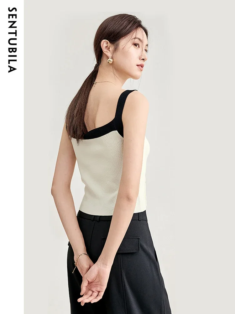 SENTUBILA Wool Blend Crop Knit Tops for Women 2025 Spring Elegant Sexy Camis Pullovers Contrast Strp Sleeveless Jumper Knitwears