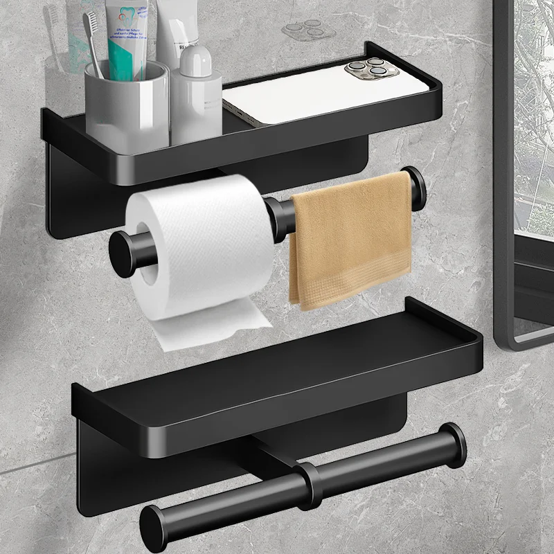 Wall-Mounted Toilet Paper Holder Aluminum Alloy Paper Roll Holder Tissue Rack With Phone Storage Stand Bathroom Accessories