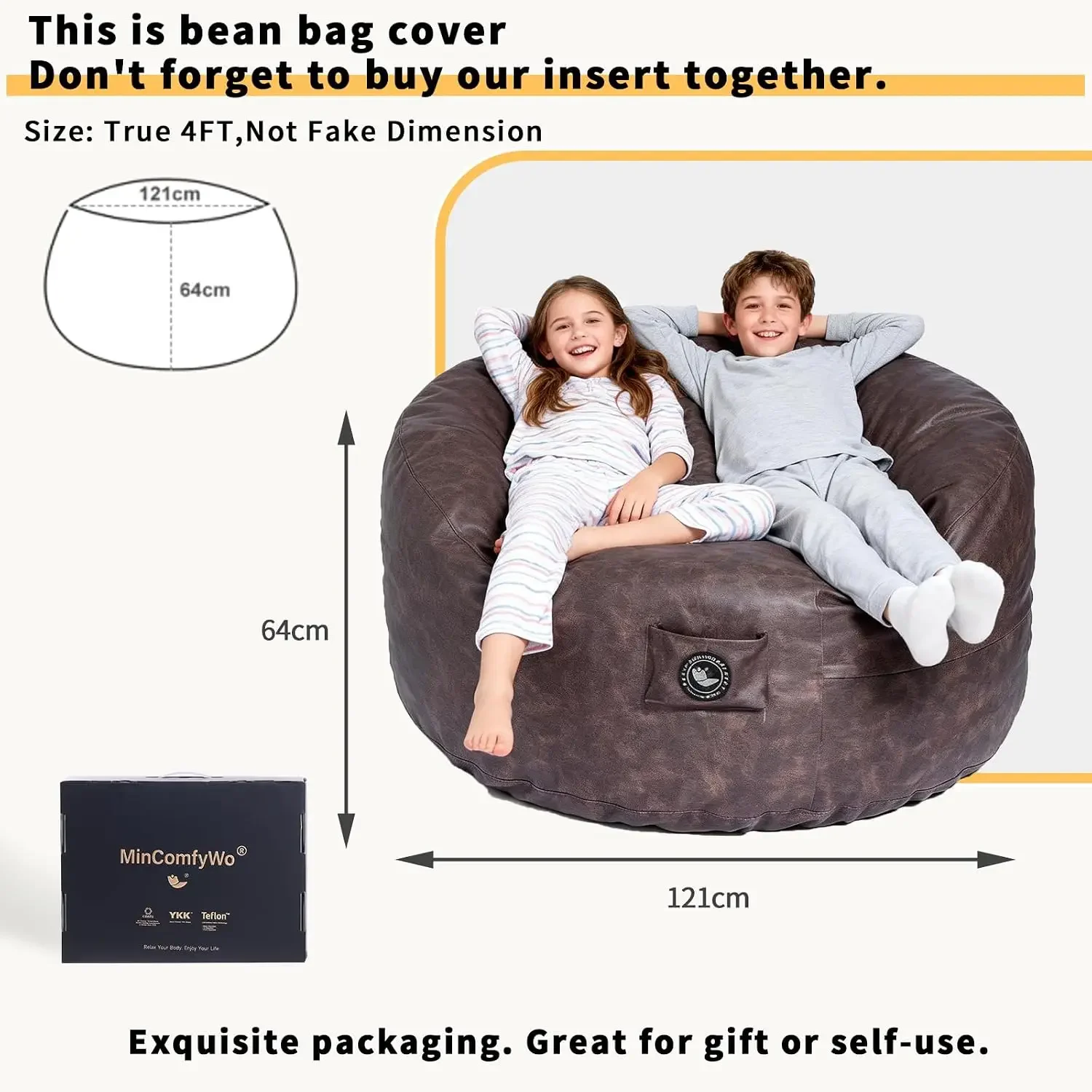 4FT Bean Bag Chair for Adults, Oversized Bean Bag Sofa, Soft Supportive Bean Bags with Durable Removable Cover for Living Room,