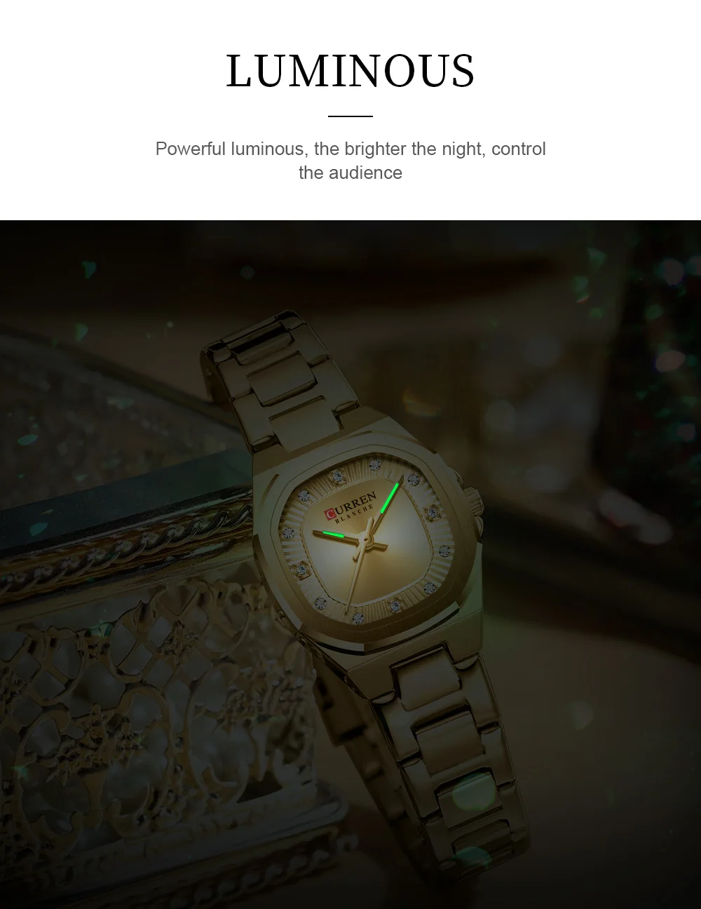 CURREN Gold Damenuhr mit Diamantakzenten, stilvollem Edelstahlband, elegantes Design, wird mit kostenloser Box geliefert – Detail 6
