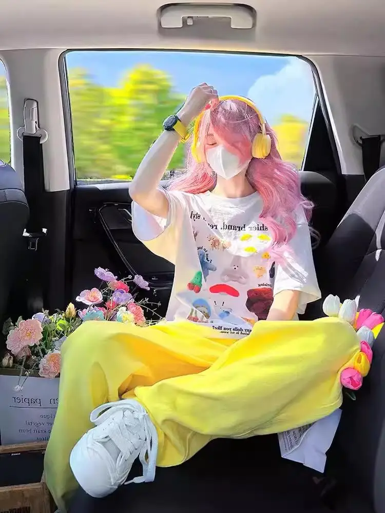 

Спортивный костюм свободного кроя для женщин, летний, в корейском стиле, с коротким рукавом и длинными брюками, повседневный комплект из двух предметов, хлопковая смесь